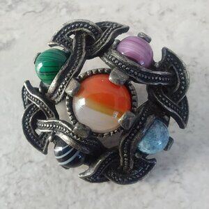 Vintage MIRACLE Celtic Brooch Silver Tone Multi Color Agate Stones Signed Domed